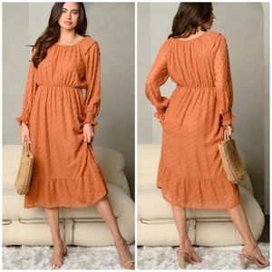 POLAGRAM Boho Chic Vibrant Rust Long Sleeves Midi Dress